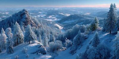 Snow-covered mountain landscape under a clear sky at dawn with frosted trees and distant hills photo