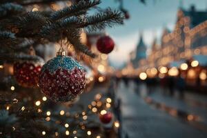 Decorative Christmas ornament hangs on tree with festive lights in a beautiful evening market photo