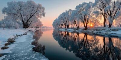 Winter sunset over a frozen river with frosted trees lining the banks in a serene landscape photo