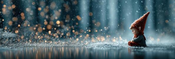 Elf sitting quietly in the rain with sparkling droplets and a blurred forest background at dusk photo