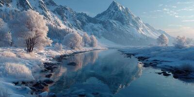 Winter landscape with snow-covered mountains and a tranquil river at dawn in a serene wilderness setting photo