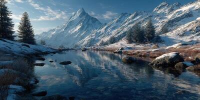 Majestic winter landscape with snowy peaks and calm river at sunrise in the mountains photo