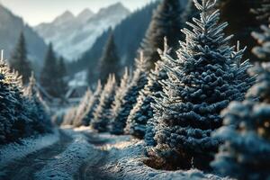 Snowy fir trees line a winding path in a winter wonderland surrounded by mountains at dawn photo