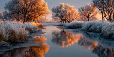 Serene morning by the frozen river with glowing trees reflecting on calm water photo