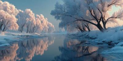 Winter landscape with frozen river and frosty trees at dawn photo