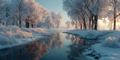 Winter landscape features frosted trees and a flowing river in a serene morning light photo