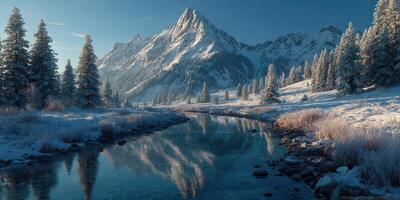 Scenic winter landscape with snow-covered mountains and a tranquil river reflecting the serene surroundings photo