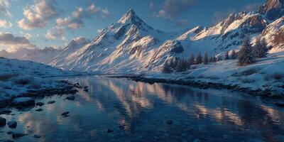 Snowy mountain landscape with river reflecting peaks at sunset photo
