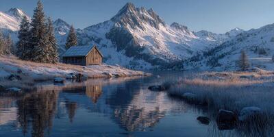 Majestic mountains reflect in tranquil lake near rustic cabin in snowy winter landscape at dawn photo