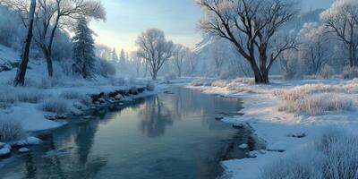 Winter landscape featuring a tranquil river surrounded by frosty trees and snow-covered terrain at dawn photo