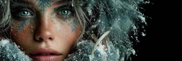 Winter portrait of a woman with frost and snowflakes in a cold and mystical atmosphere photo