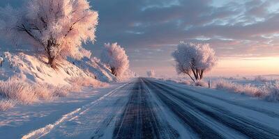 Winter road surrounded by frosty trees at sunrise in a serene landscape photo