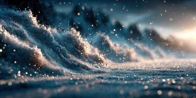 Waves crash onto the shore at twilight, creating a misty atmosphere with sparkling droplets photo