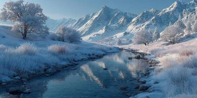 Snowy mountain landscape with a gently flowing river and frosted trees in winter light during the early morning hours photo