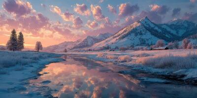 Winter sunrise over shimmering river and snow-covered mountains in serene landscape photo