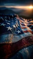 American flag waving at sunset with rich colors and detailed fabric texture overlooking a peaceful landscape photo