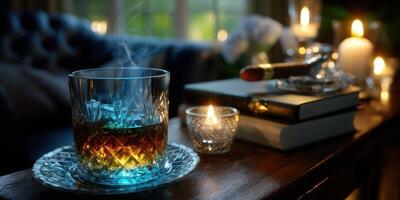 Relaxing evening with whiskey, cigars, and candlelight ambiance in a cozy living room setting photo