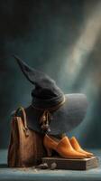 A creative arrangement of a witch hat, stylish shoes, handbag, and books on a dark surface with dramatic lighting photo