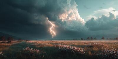 Dramatic lightning strikes over a tranquil meadow during an approaching storm at dusk photo