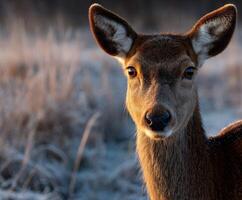 Close-up of a curious deer in a frost-covered meadow at dawn photo