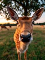 Close encounter with a curious deer in a tranquil meadow at sunset photo