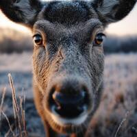 Close encounter with a deer at dawn in a frost-covered field photo