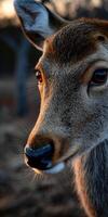 Close-up encounter with a deer in a forest at sunset photo