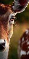 A close up of a deer's face with a blurry background photo