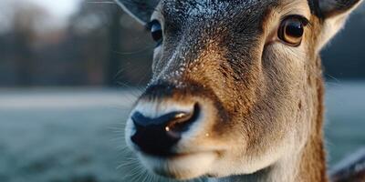 Close-up of a deer in a frosty field during early morning light photo