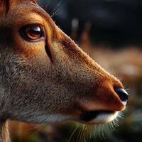 Close-up view of a deer's face showcasing intricate details in nature photo