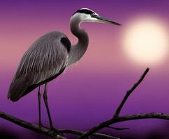 Great blue heron perched on a branch during sunset at a tranquil lake photo
