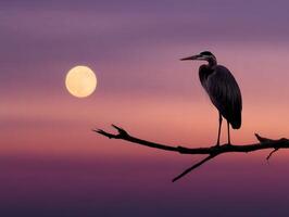 Heron perched on branch under glowing moon at twilight photo