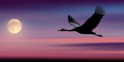 Cranes flying against a colorful sky and full moon at dusk photo