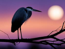 Heron perched on a branch at sunset with vibrant colors in the sky photo