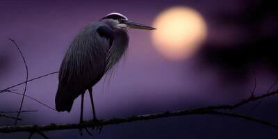 Great blue heron perched on a branch during twilight by the moonlight photo