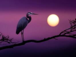 Heron perched on a branch against a vibrant sunset sky photo