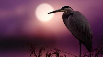 Great blue heron silhouetted against a violet sunset over the horizon photo