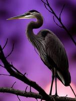Great blue heron perched on a branch against a colorful twilight sky photo