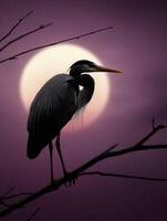 Heron perched on branch against dramatic sunset in serene atmosphere photo