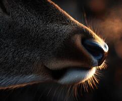 Close-up of a deer's snout in the early morning light during winter photo