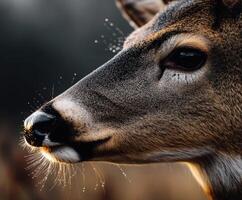 Close-up of a deer in a misty forest during early morning light photo