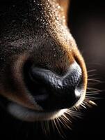 Close-up of a deer nose with water droplets glistening in soft light photo