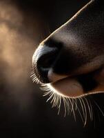 Close-up of a horse's nose exhaling in a dimly lit environment photo