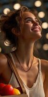 Young woman enjoying a moment of joy under bright lights outdoors photo