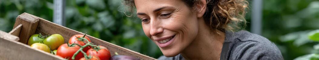 Woman smiles while inspecting freshly harvested vegetables in a garden photo