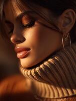 Young woman in a cozy sweater enjoying golden hour light on her face photo