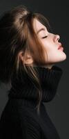 Captivating side profile of a woman in a black turtleneck sweater photo