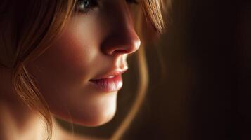 Close-up profile of a young woman with soft lighting showcasing her features photo