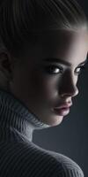 Model poses elegantly with a turtleneck sweater in soft lighting photo