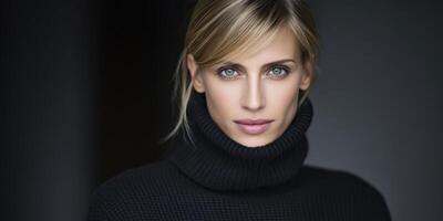 Captivating model with striking features wearing a turtleneck sweater indoors photo